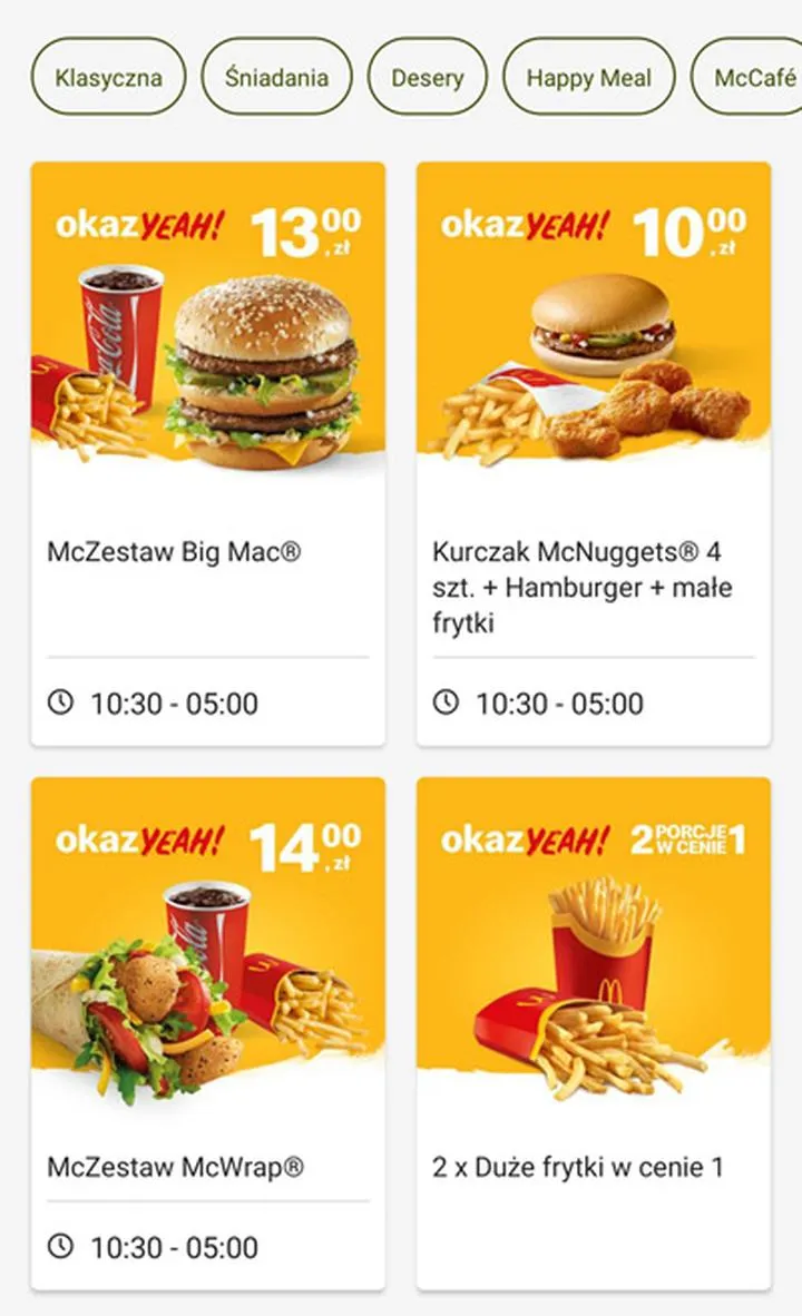 Kupony McDonald's w aplikacji mobilnej